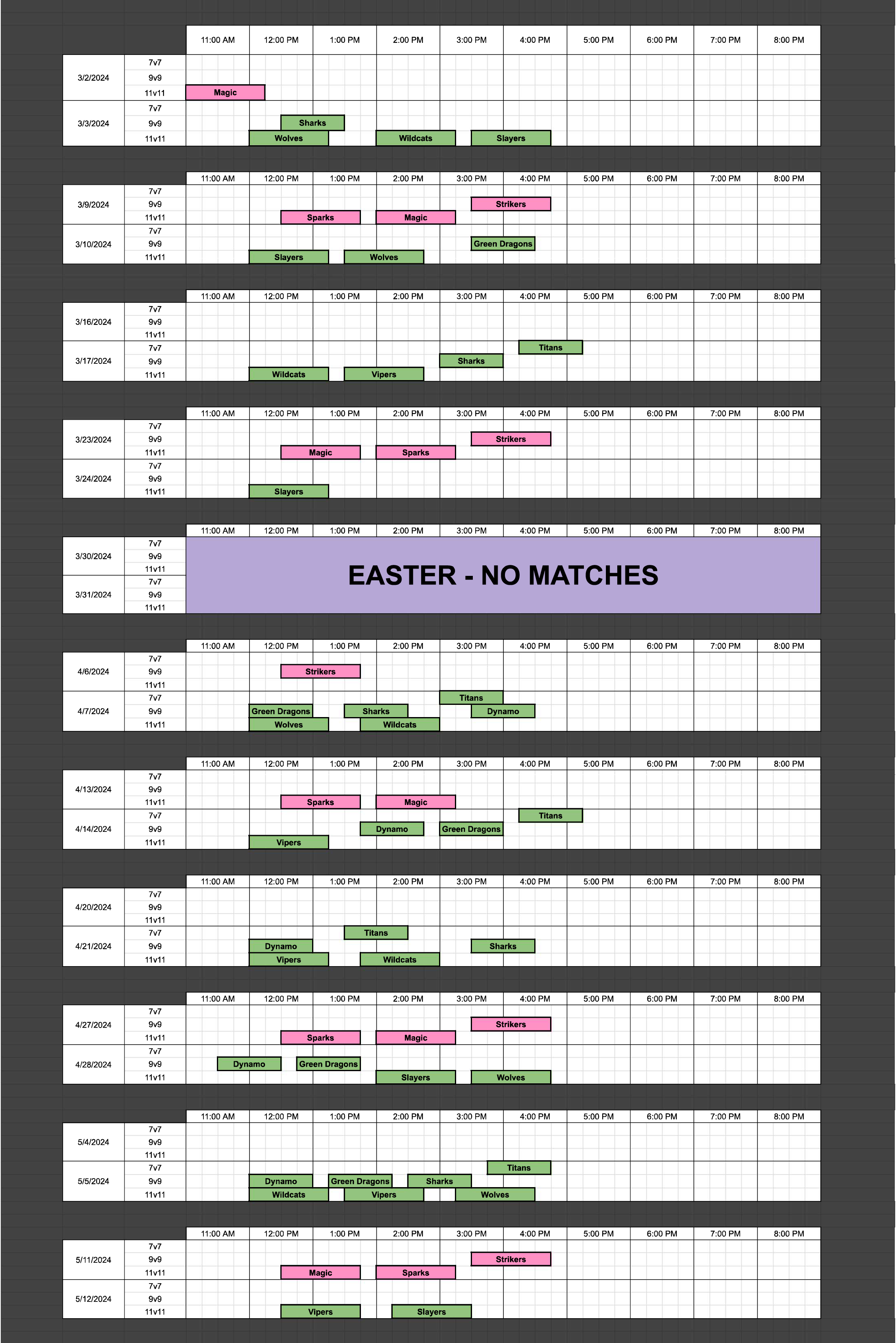 Spring 2024 Travel Field Schedule